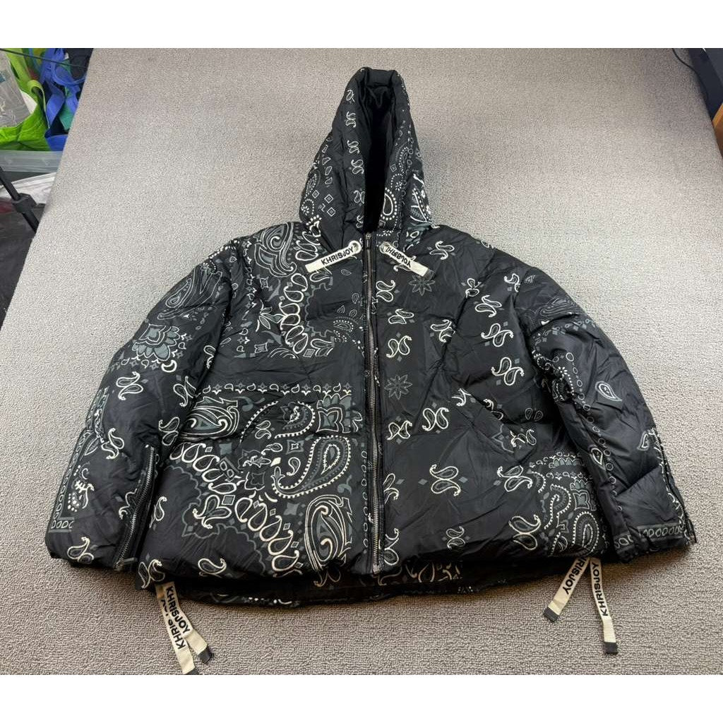 KHRISJOY Puffer Jacket Women 2(L) Black Down Hooded Bandana Print Italy Madede