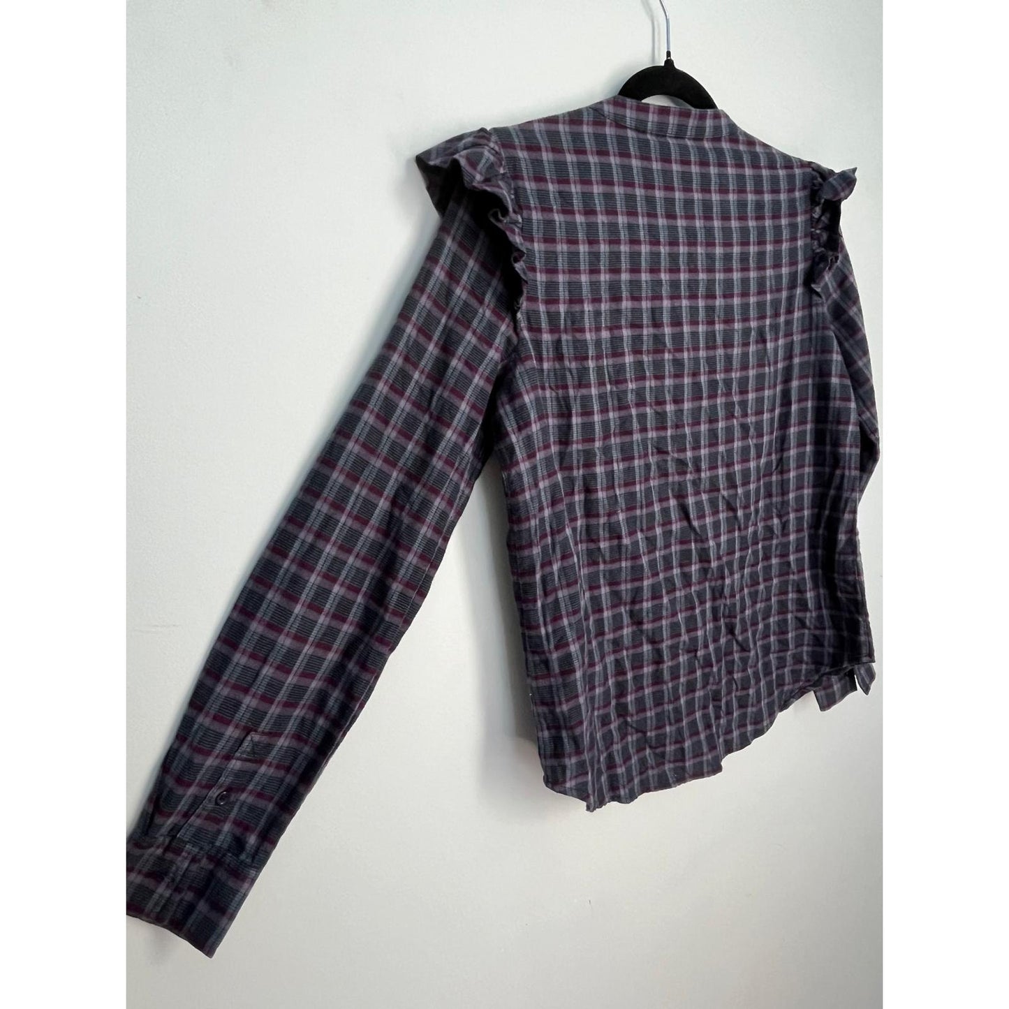 PAIGE Ruffle Shoulder Plaid Button Shirt Women XS Purple Gray Long Sleeve Top