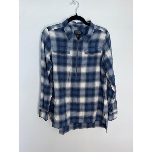 Pendleton Plaid Half Zip Shirt Women M Blue White Flannel Long Sleeve