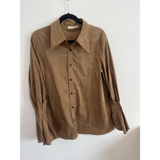 Gentle Herd Button Down Shirt Women L Brown Cotton Blend Puff Sleeve