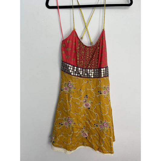 Free People Beaded Embroidered Mini Dress Women 4 Boho Festival Mixed Print