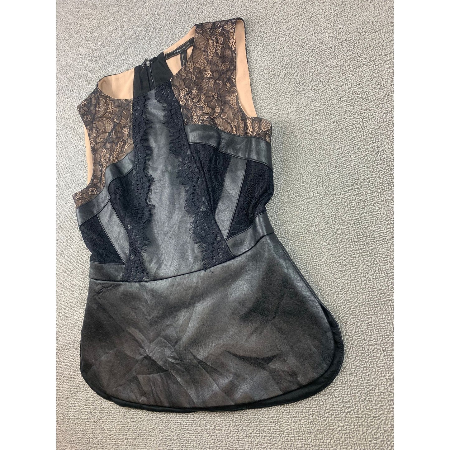 BCBGMAXAZRIA Women XXS Faux Leather Black Lace Peplum Top