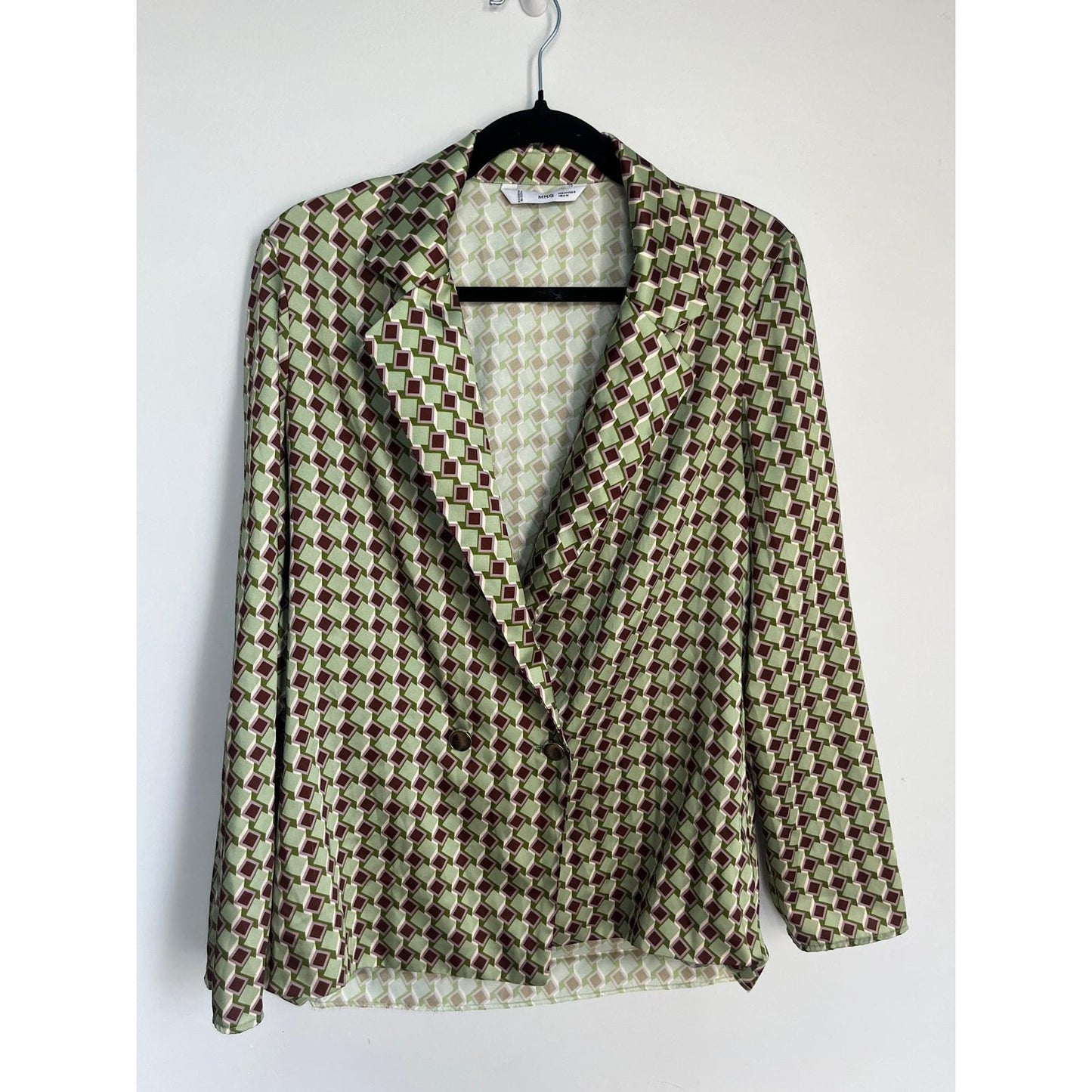 MNG Geometric Blazer Women M Green Brown Satin Diamond Print Lightweight Retro
