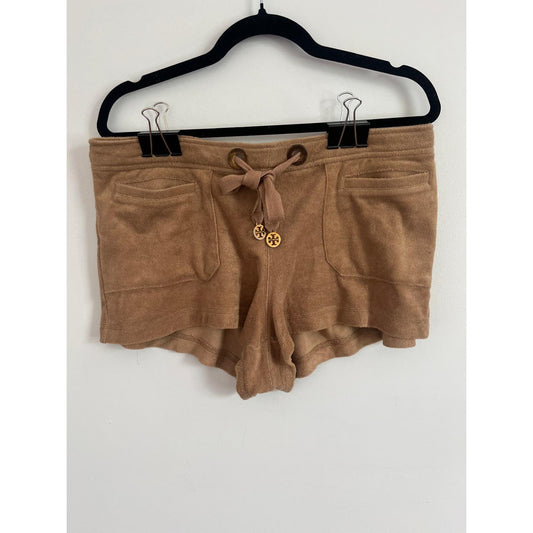 Tory Burch Velour Lounge Shorts Womens Small Logo Drawstring Terrycloth Brown