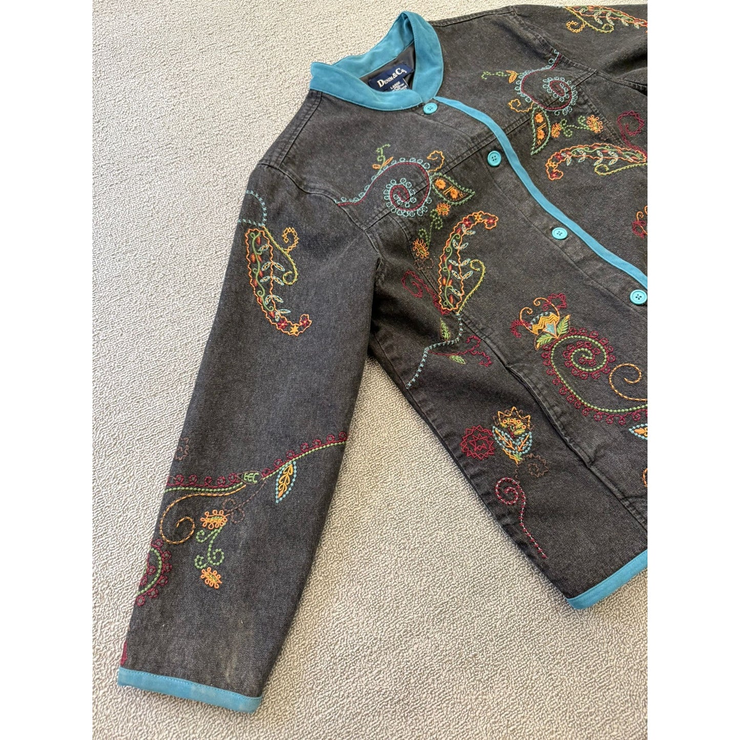 DENIM&CO Women's Large Charcoal Embroidered Denim Jacket