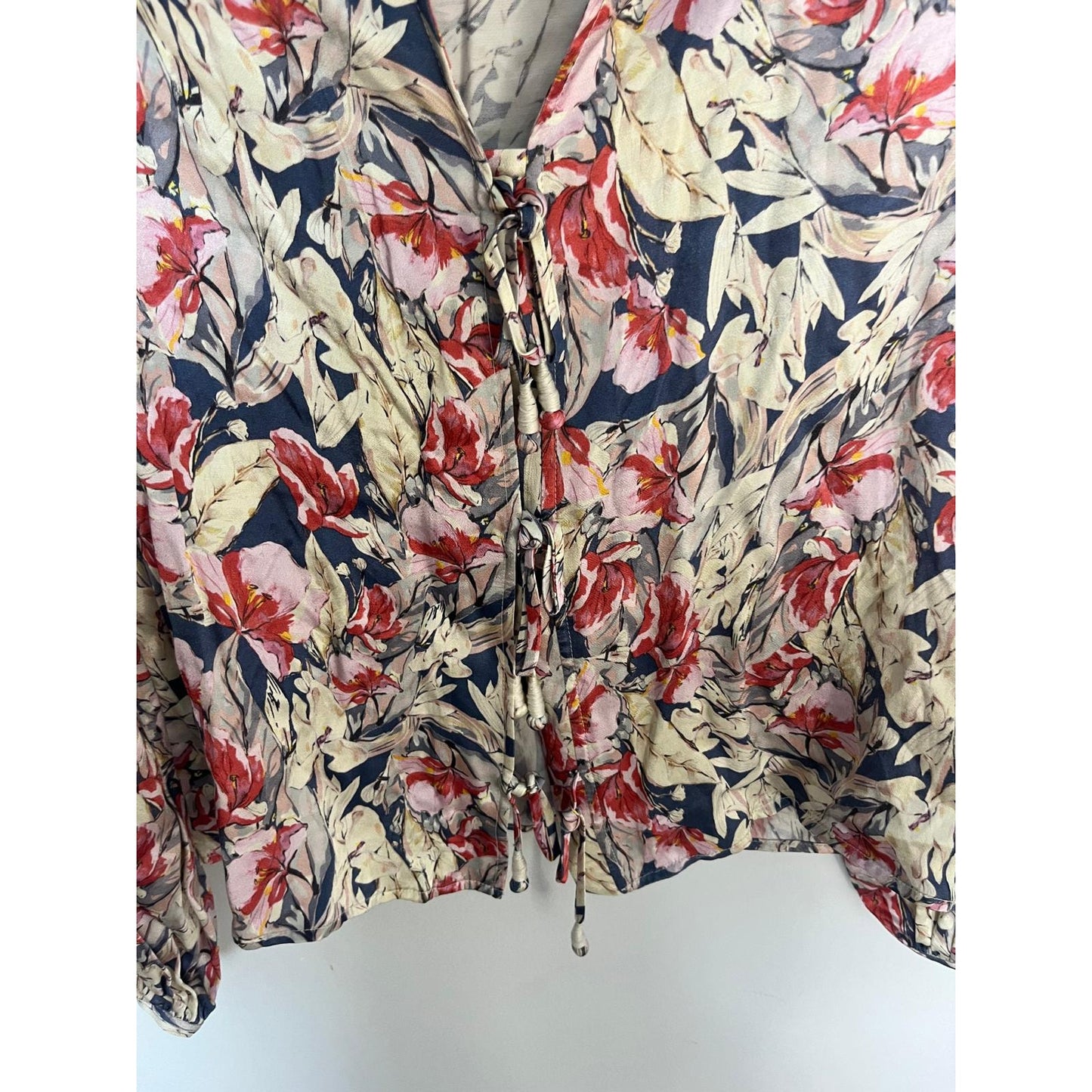 Tularosa Floral Blouse Women Medium Long Sleeve V Neck Tie Front