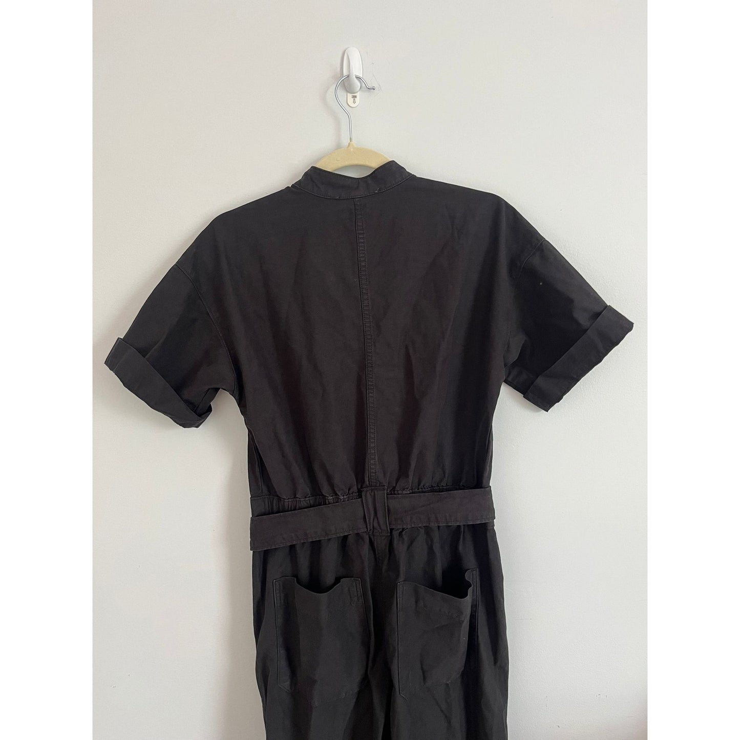 Everlane Utility Jumpsuit Women 00 Black Organic Cotton Short Sleeve Belted
