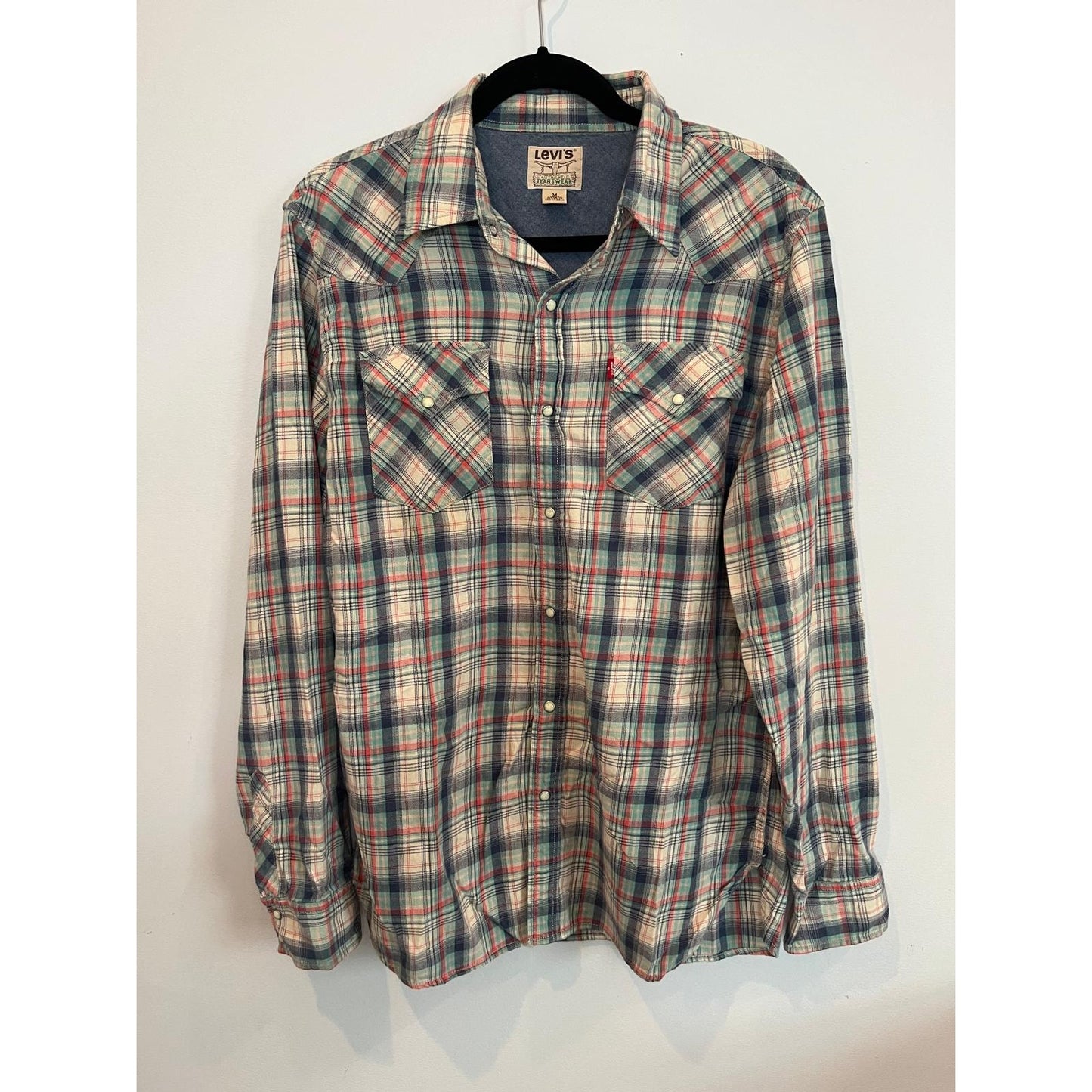 Levi's Plaid Western Shirt Men M Red Green Pearl Snap Vintage Style