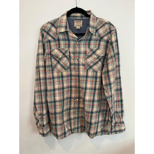 Levi's Plaid Western Shirt Men M Red Green Pearl Snap Vintage Style