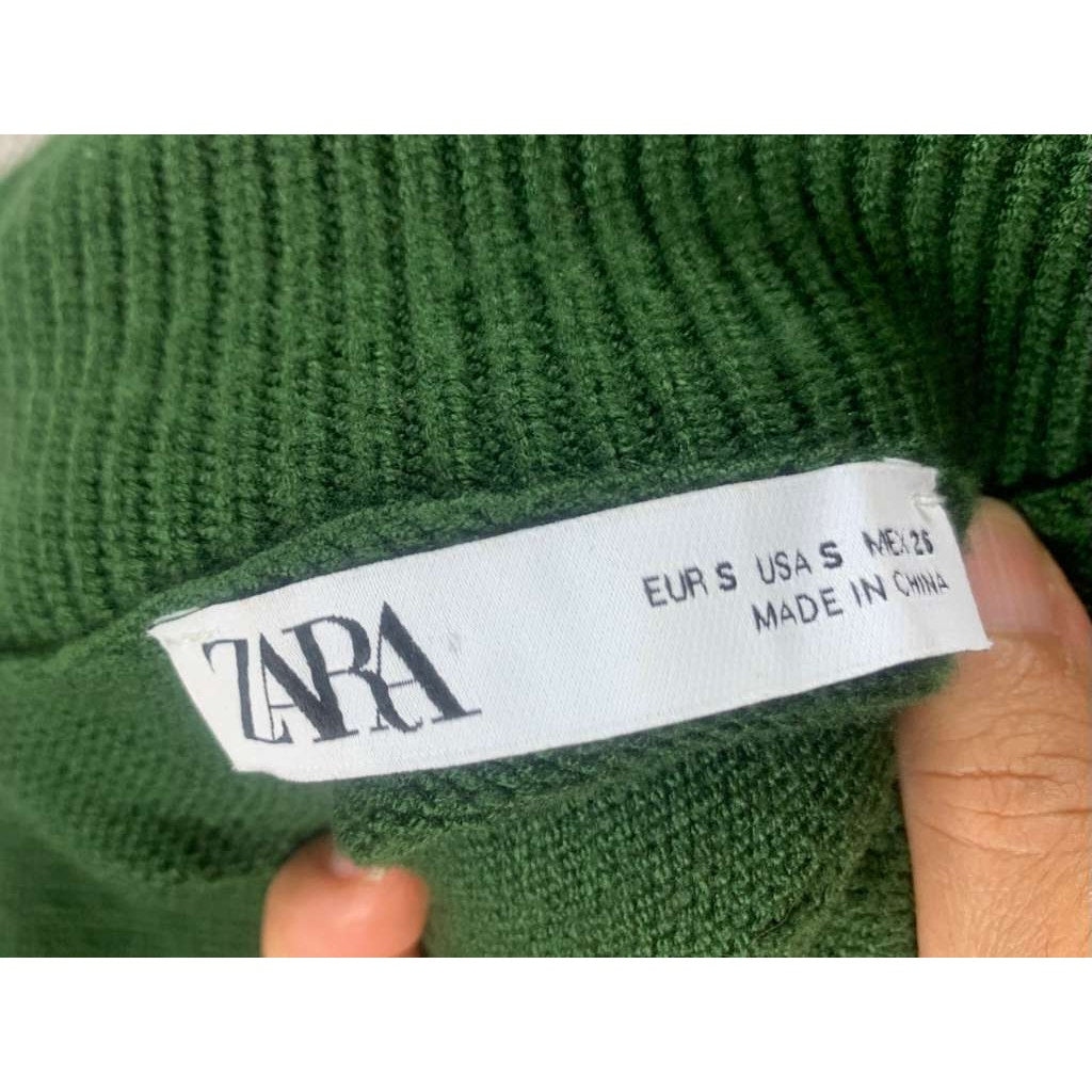 Zara Sweater Women S Green Turtleneck Cropped Pullover Stretch Knit Ribbed Trim