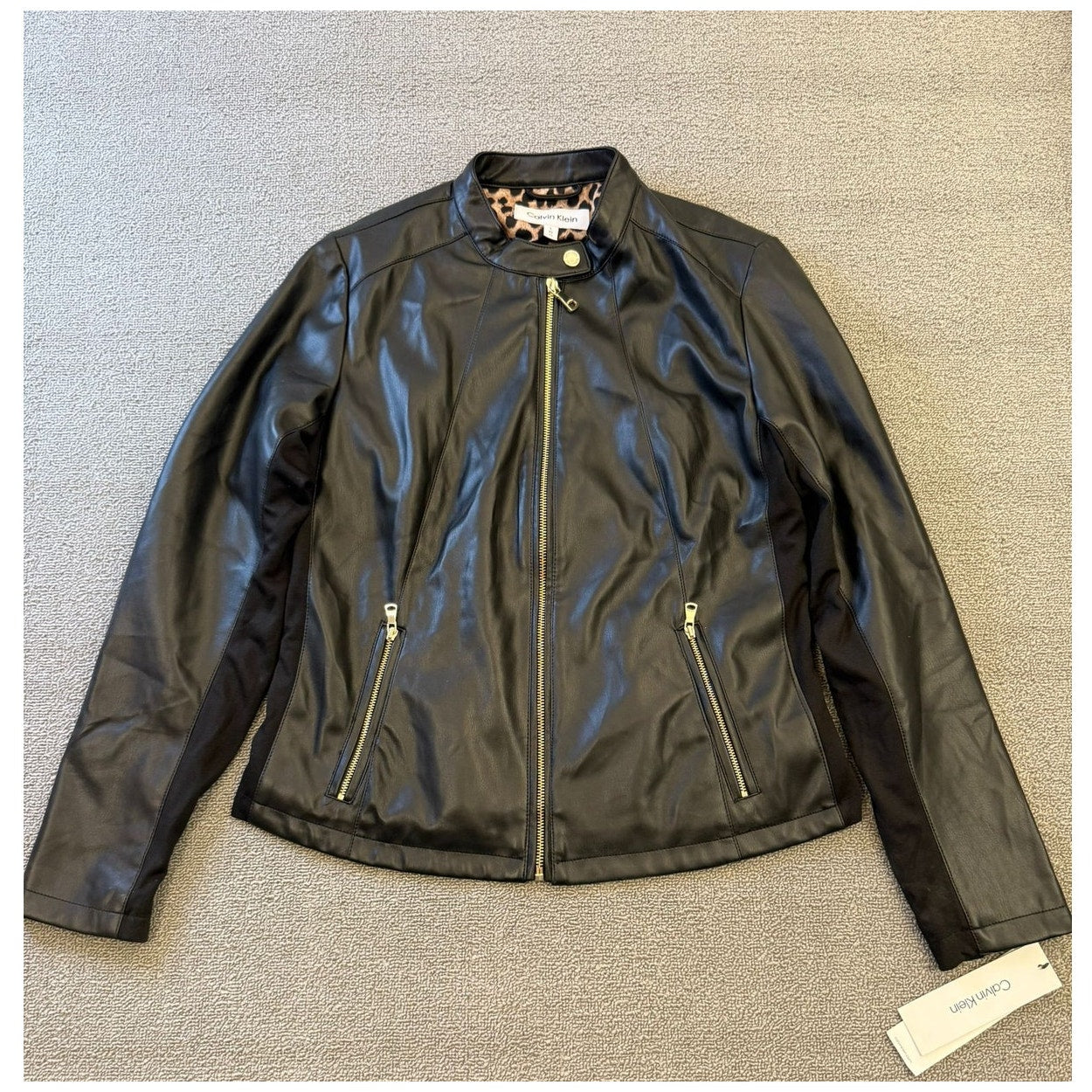 Calvin Klein Womens Large Black Faux Leather Biker Jacket Gold Zippers