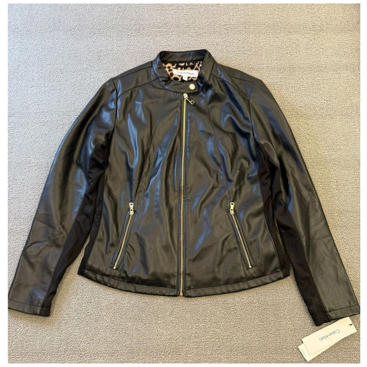 Calvin Klein Womens Large Black Faux Leather Biker Jacket Gold Zippers