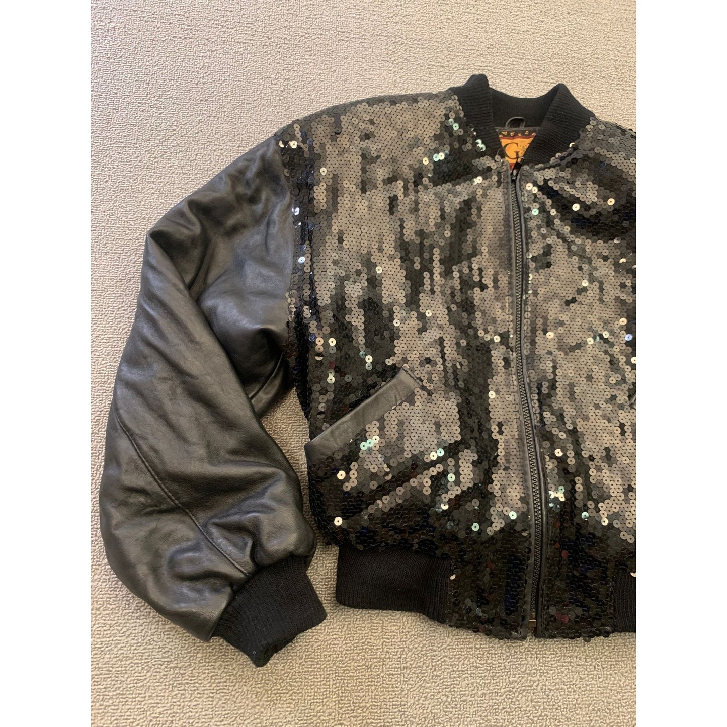 Vintage Y2K G-III LEATHER Women Small Black Sequin Leather Bomber Jacket
