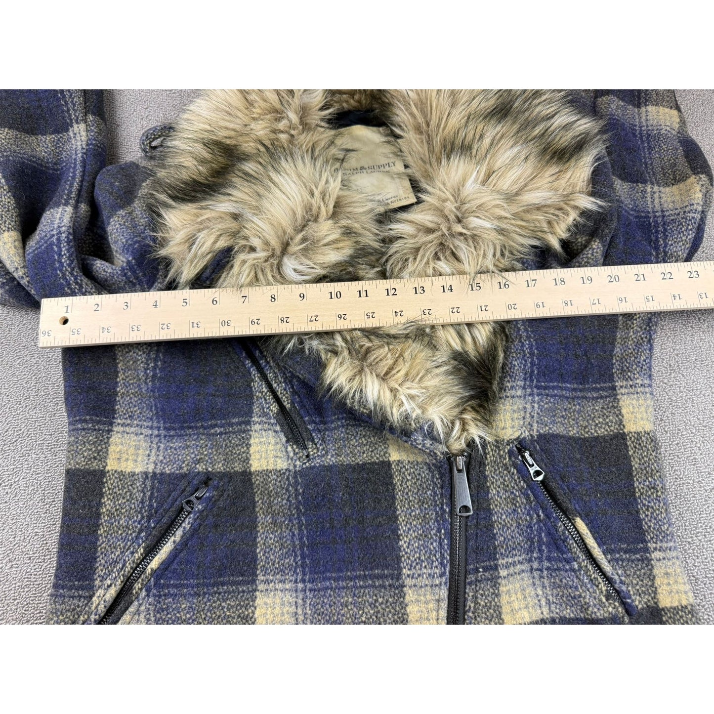 Denim & Supply Ralph Lauren Women's Large  Wool Plaid Faux Fur Trimmed Jacket