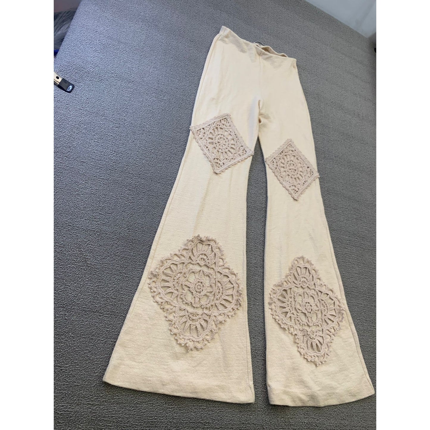Acne Studios Women's S Beige Flare Pants Crochet Patches Pants