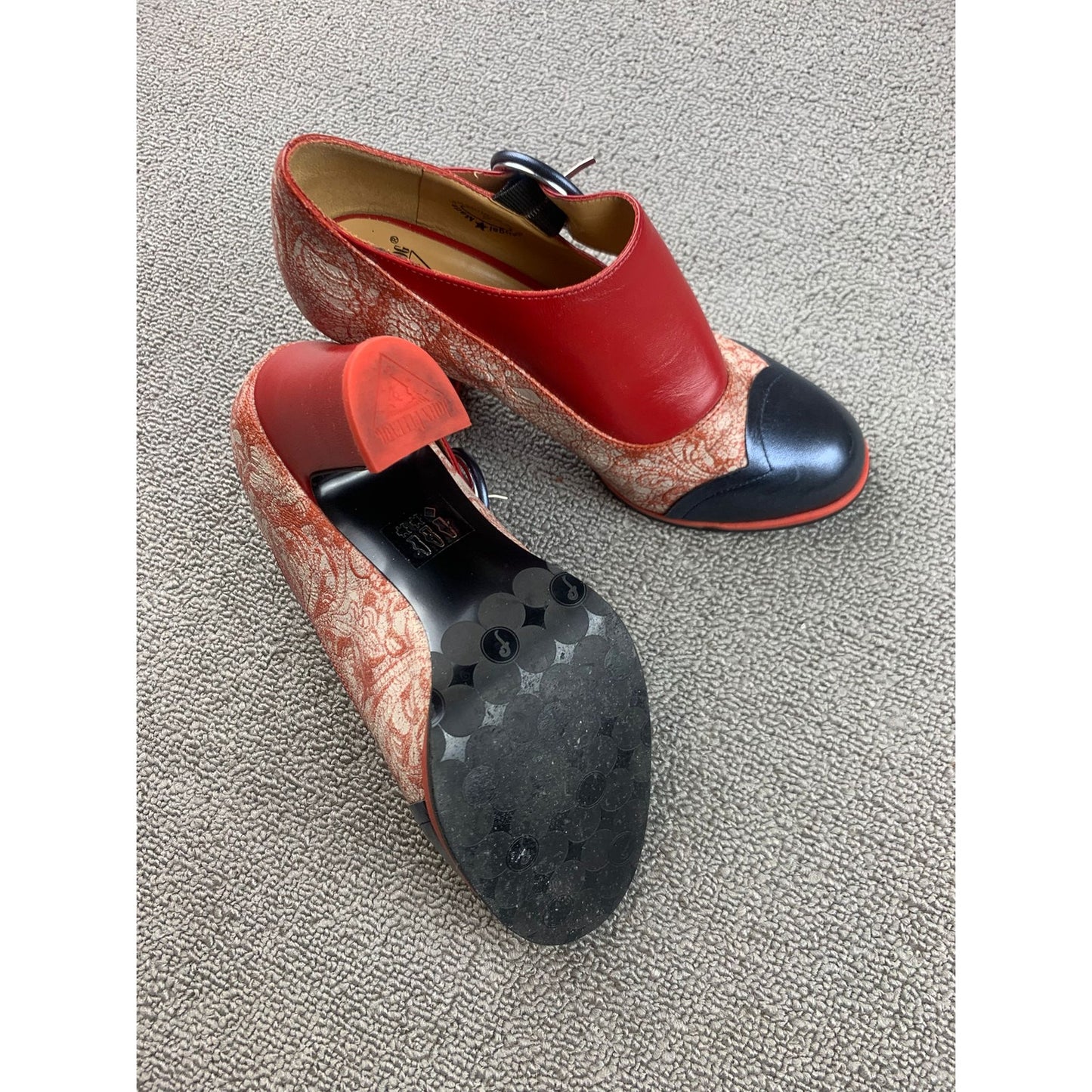John Fluevog Women's 7 Red Black Patterned Mary Jane Pump Heels