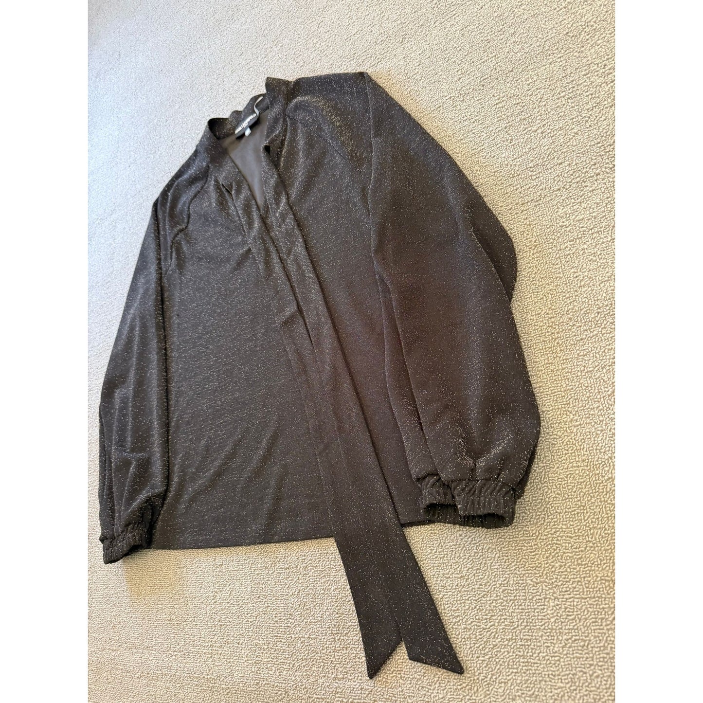 Karl Lagerfeld Paris Women's M Black Tie Neck Metallic Blouse Top