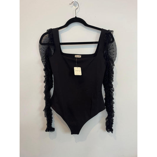 Free People Bodysuit Women S Black Mesh Ruffle Sleeve Sheer Tulle Trim