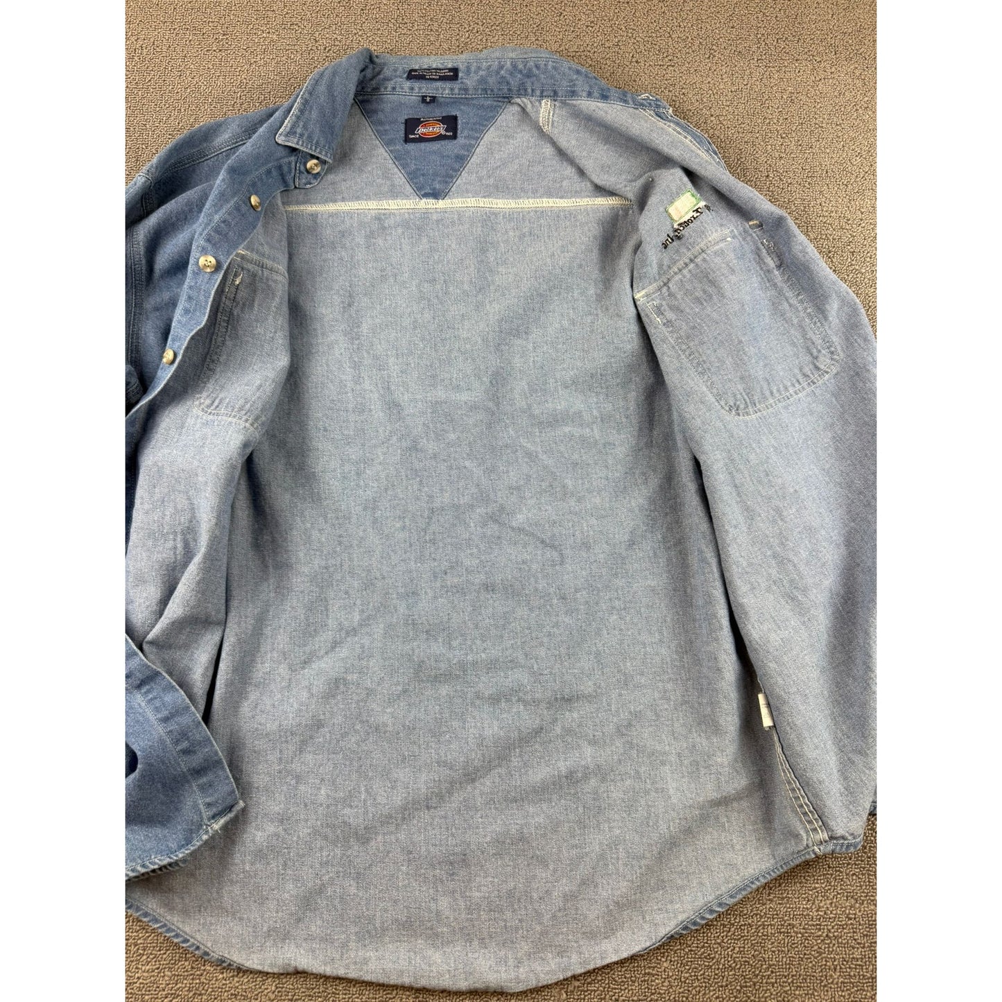 Y2K Dickies Denim Shirt Blue L Button Down Embroidered Auto Erotica Italy Flag