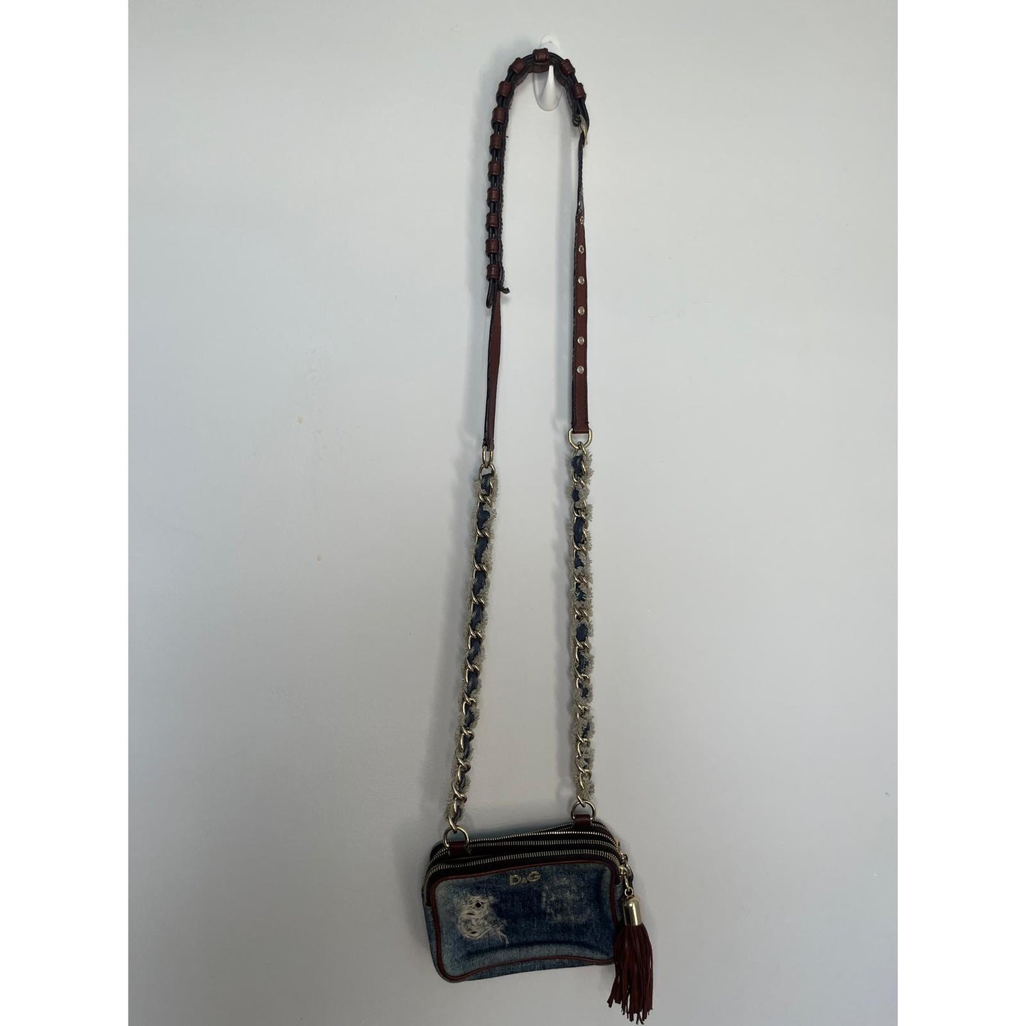 Dolce & Gabbana Denim Mini Crossbody Bag Distressed Tassel Chain Strap