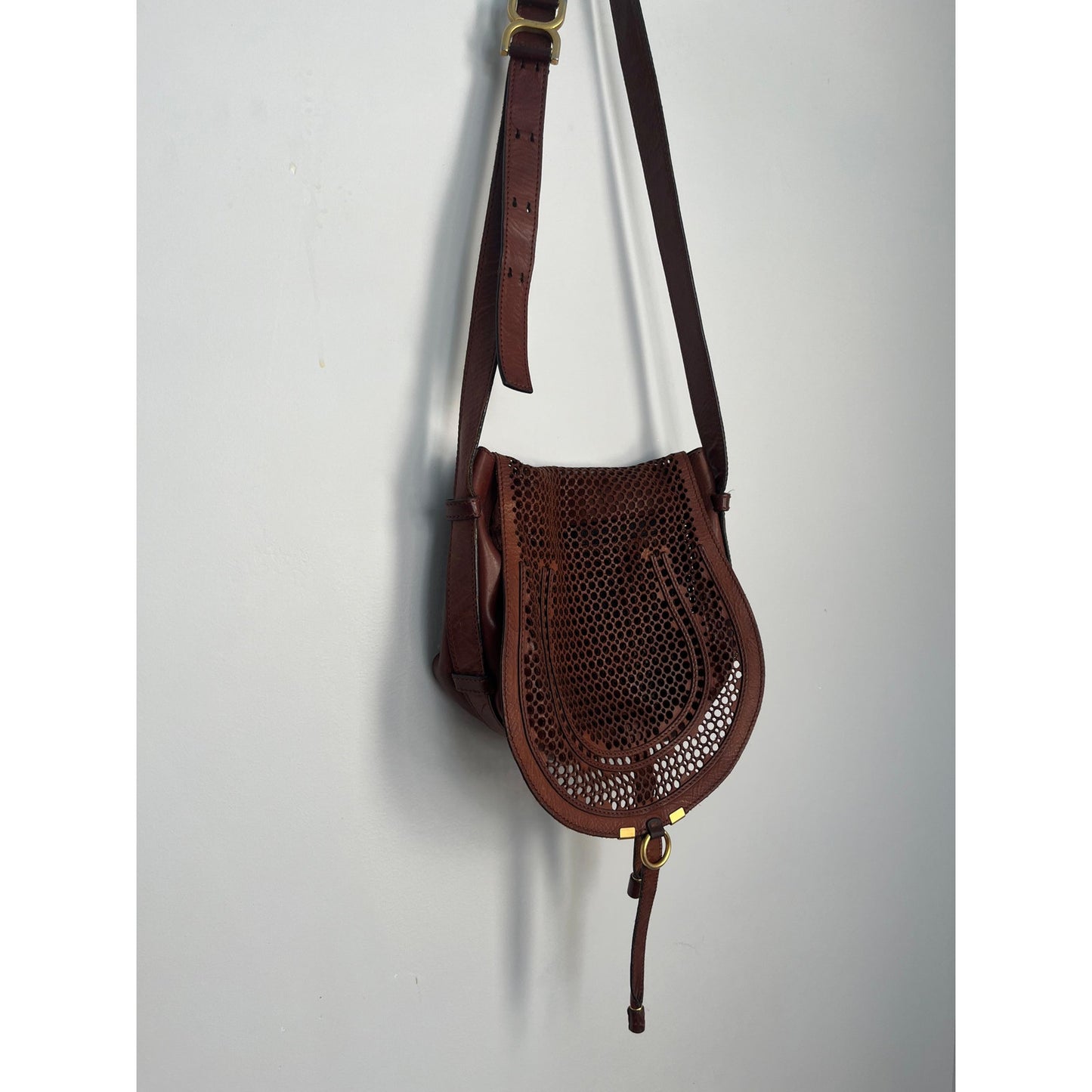 Chloe Crossbody Bag Women Brown Perforated Leather Saddle Flap