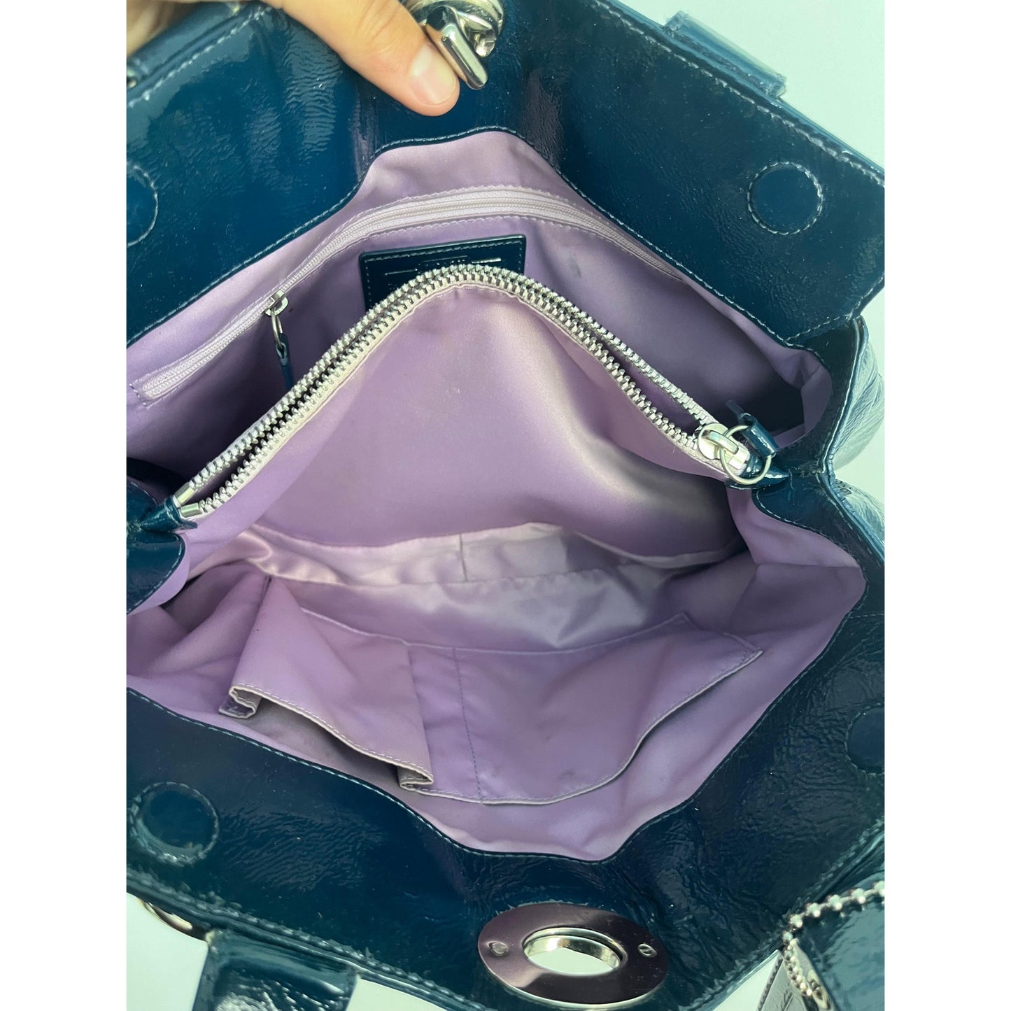 Coach Patent Leather Vintage Shoulder Bag Women Navy Pleated Turnlock Tote