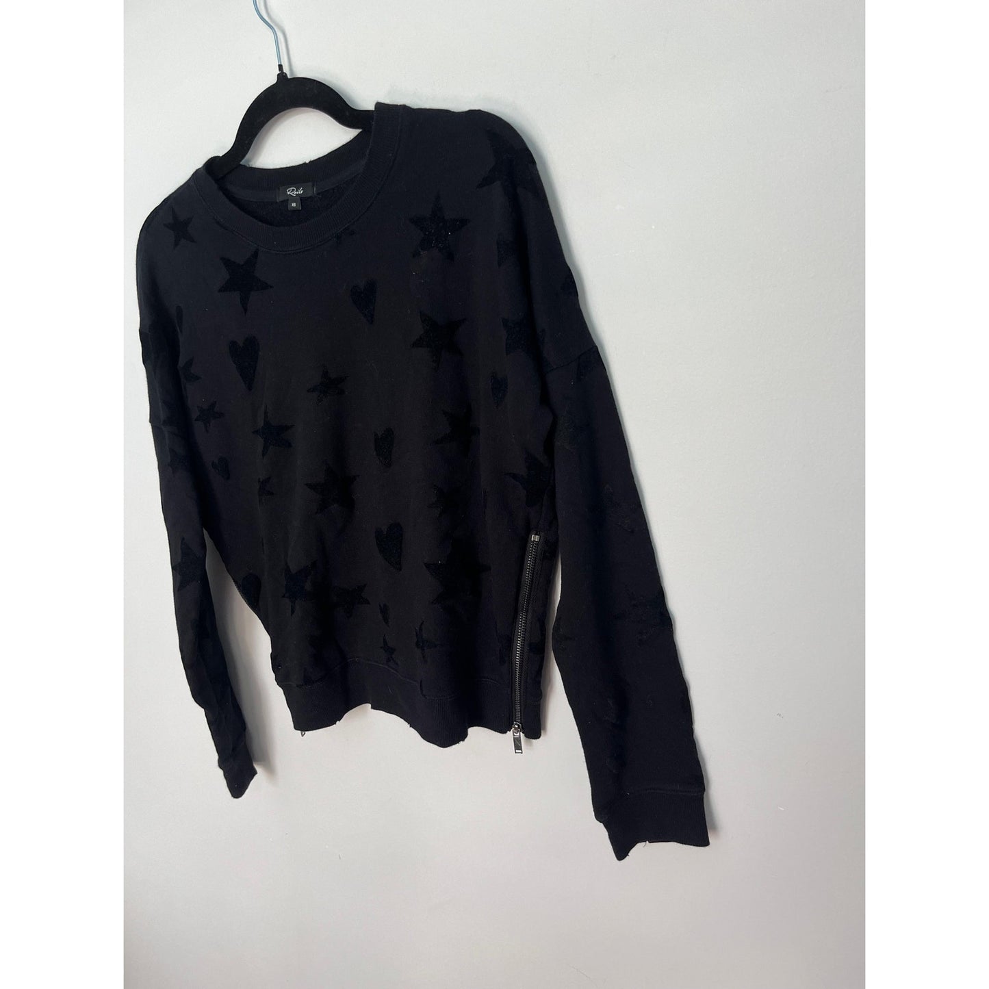 Rails Star Heart Print Sweatshirt Women XS Black Crewneck Pullover Zipper Hem