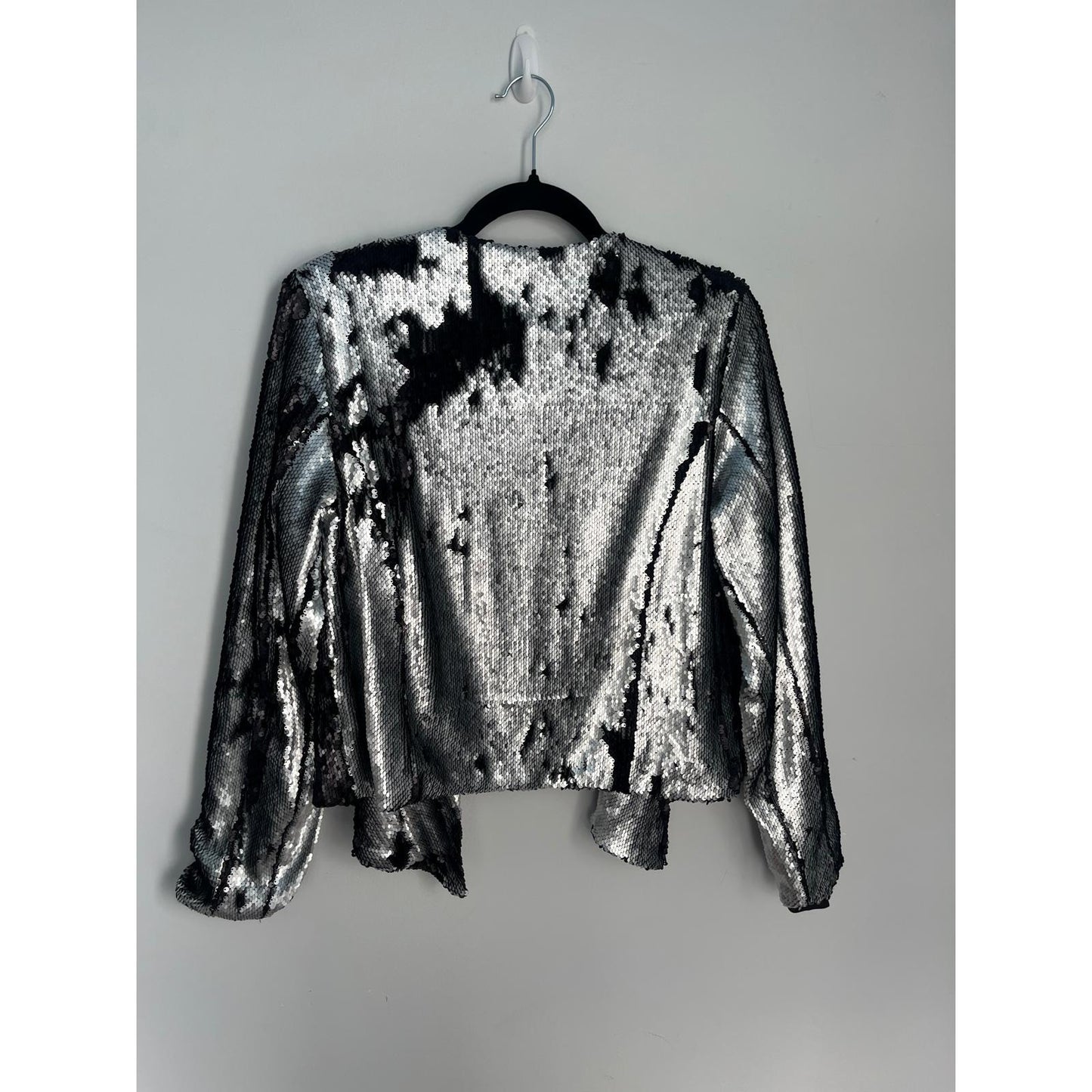 Chaser Sequin Jacket Women Medium Silver Black Open Front Party Blazer NWT