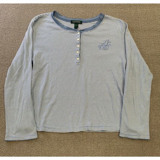 Lauren Ralph Lauren Women's Large Blue Striped Cotton Long Sleeve Loungewear