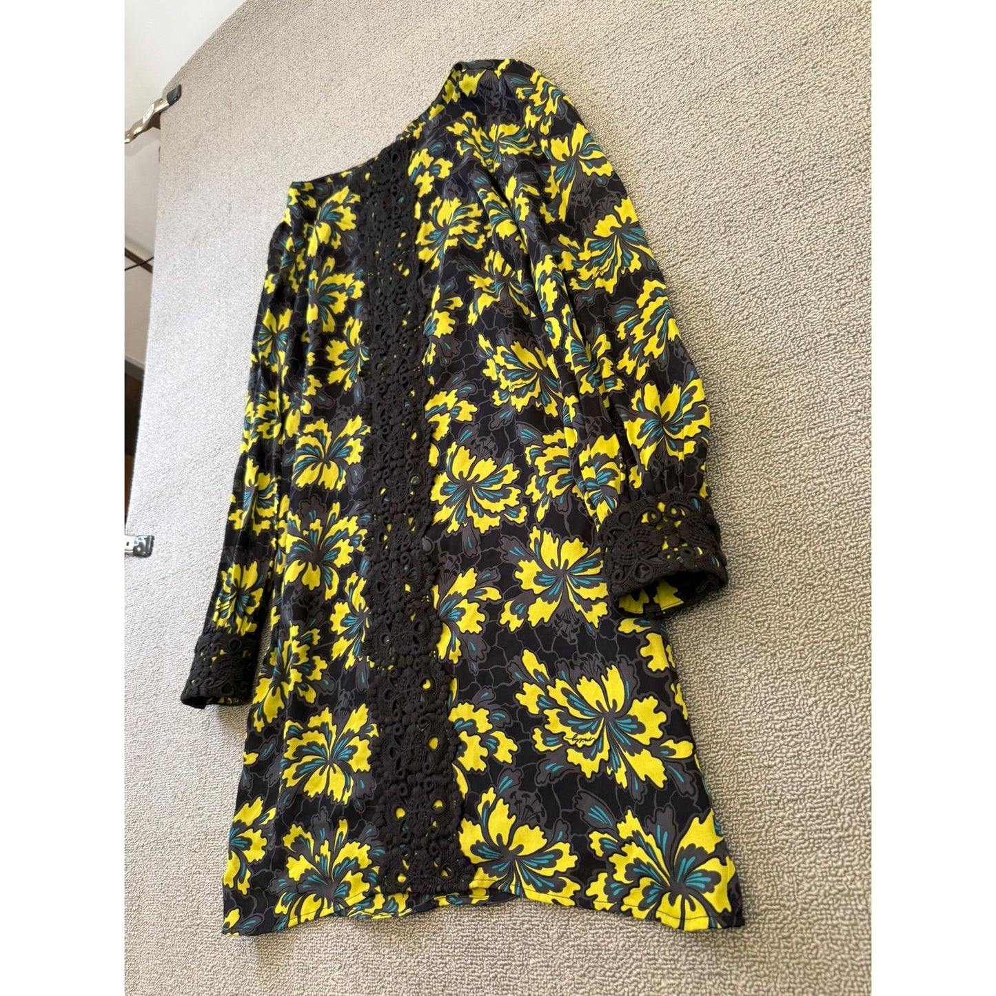 Original Milly Women's Size 2 Black Yellow Floral Mini Dress Long Sleeve