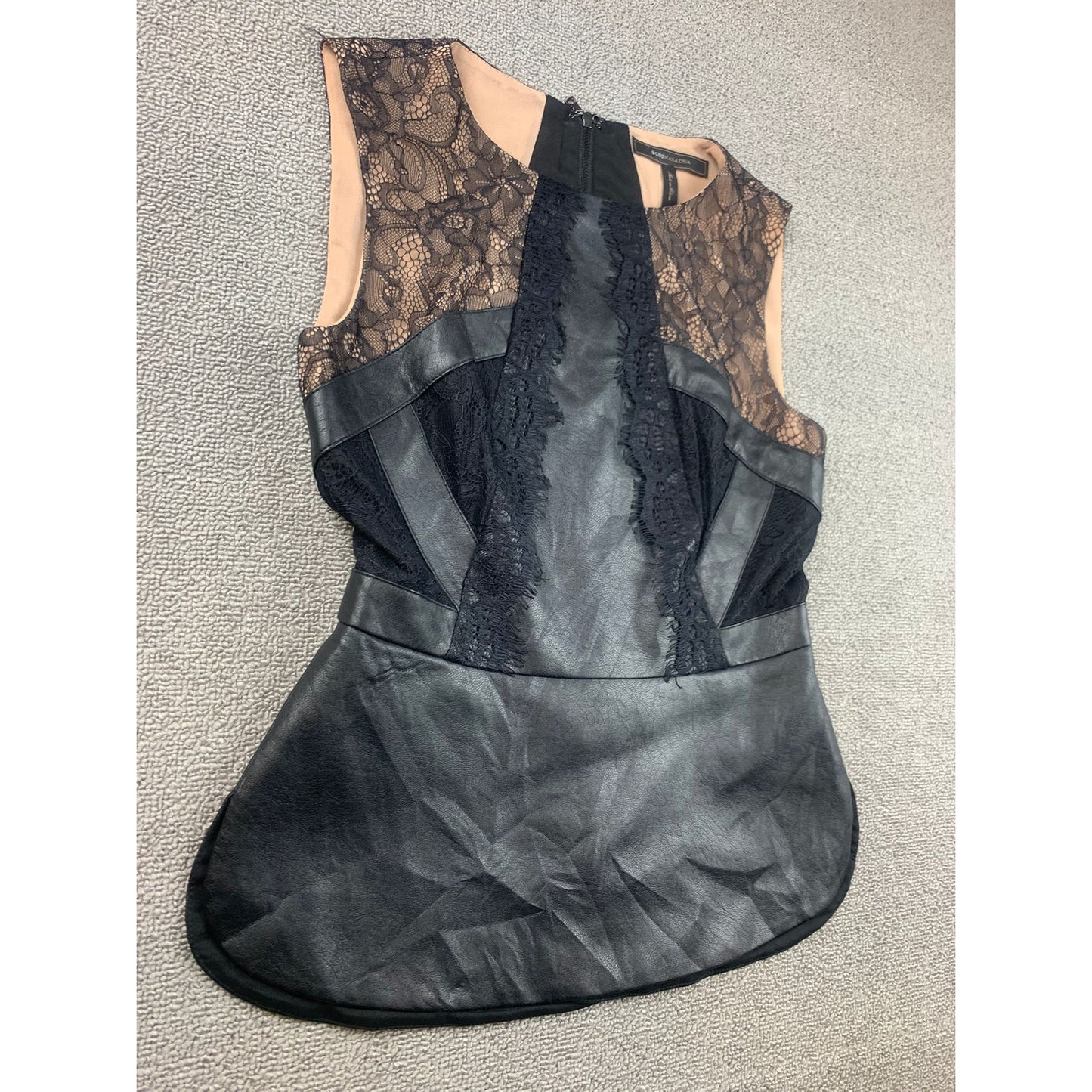 BCBGMAXAZRIA Women XXS Faux Leather Black Lace Peplum Top