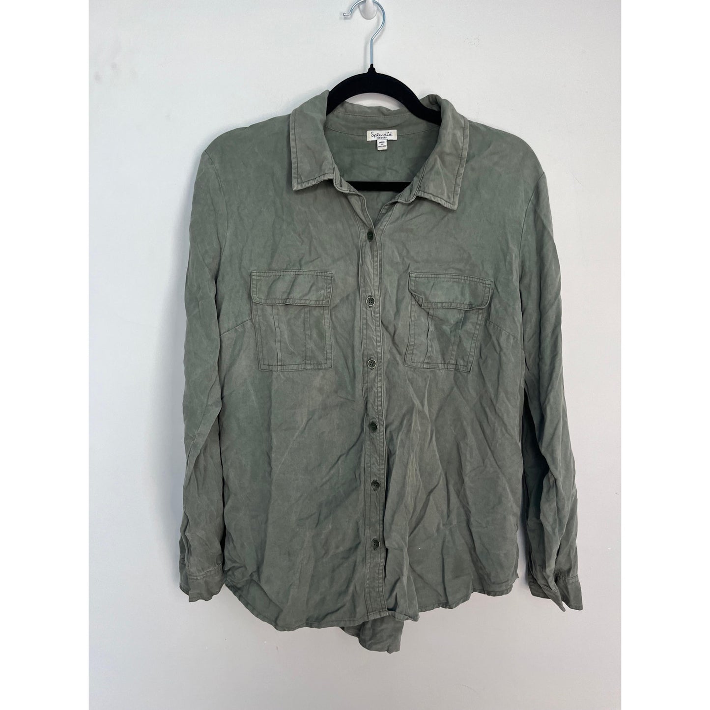 Splendid Button Down Shirt Women Medium Green Long Sleeve Casual Utility