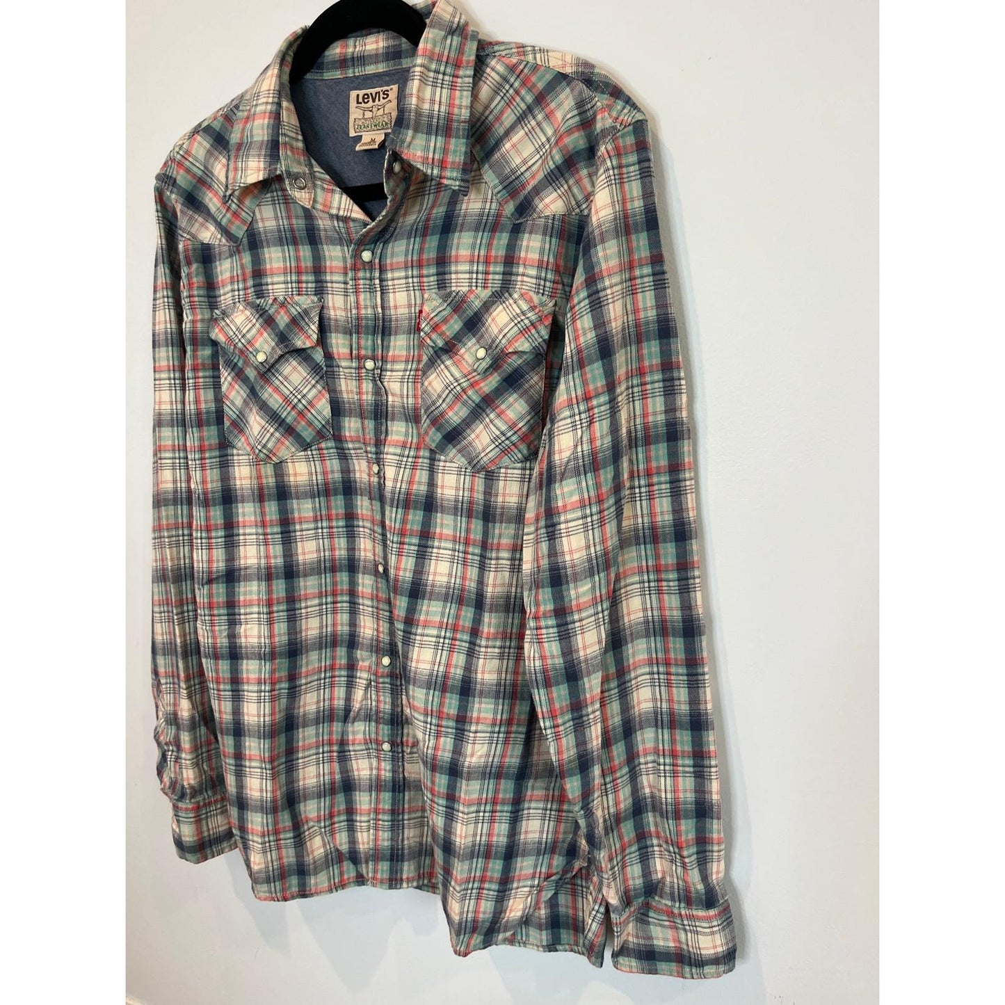 Levi's Plaid Western Shirt Men M Red Green Pearl Snap Vintage Style