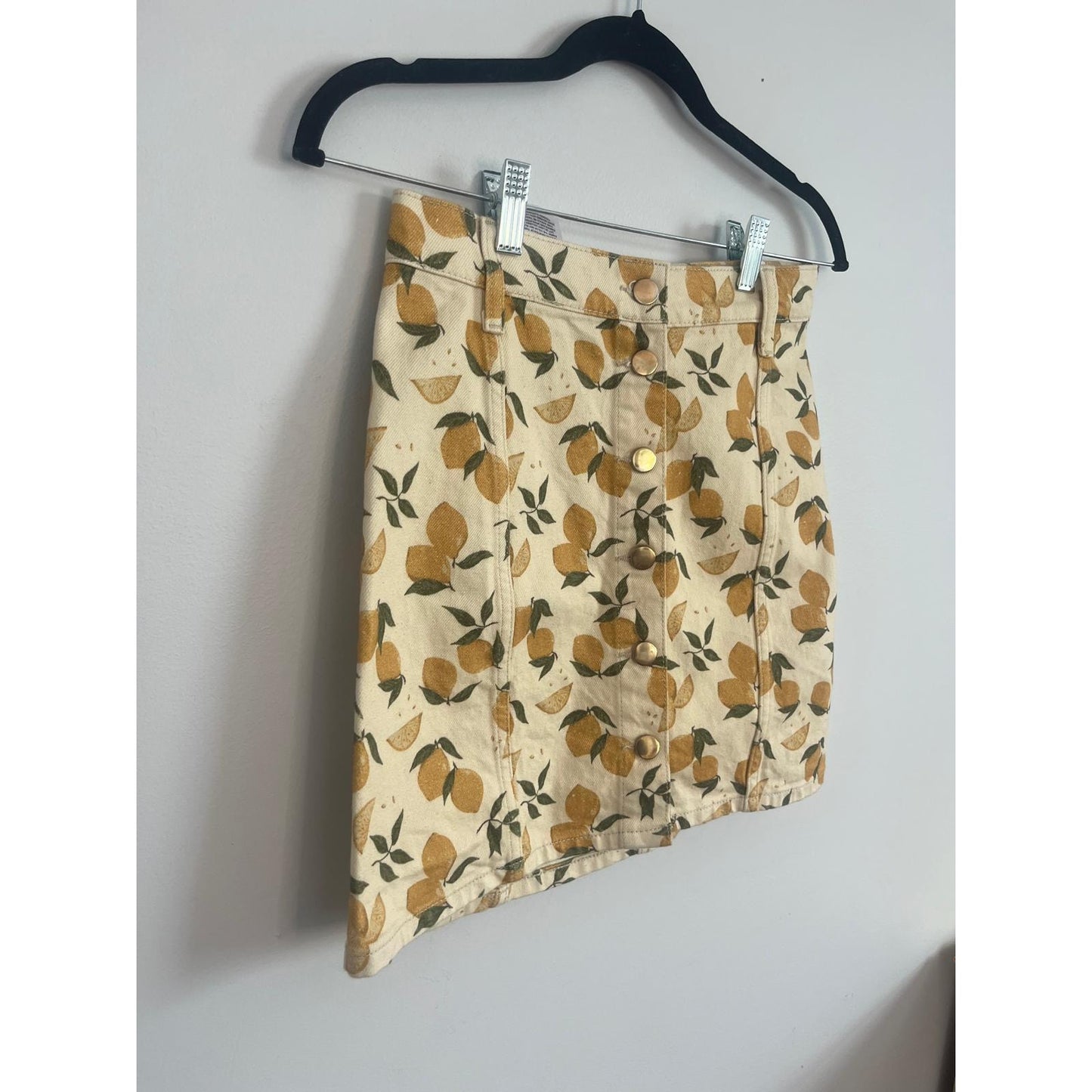 Reformation Denim Skirt Women XS Lemon Print Button Front Summer Yellow