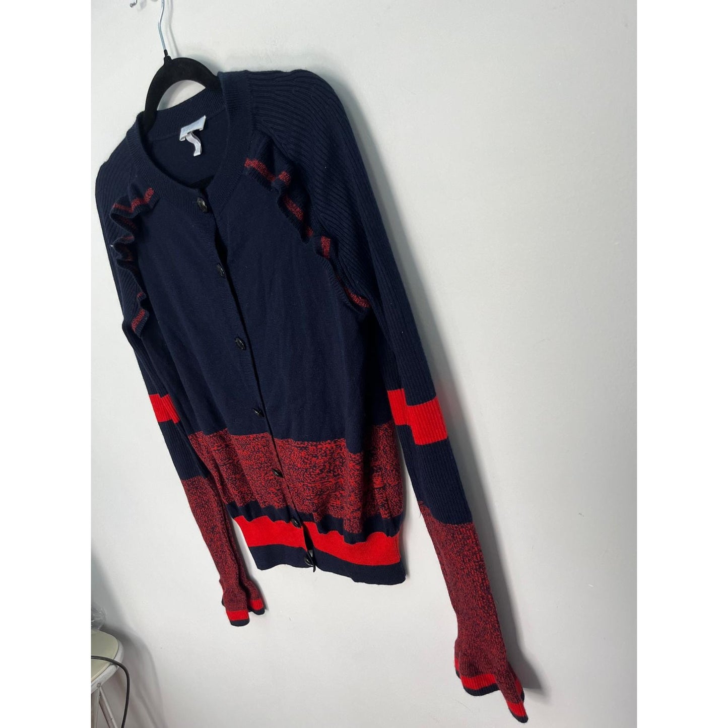 Escada Sport Ruffle Cardigan Women L Navy Red Knit Button Up Sweater
