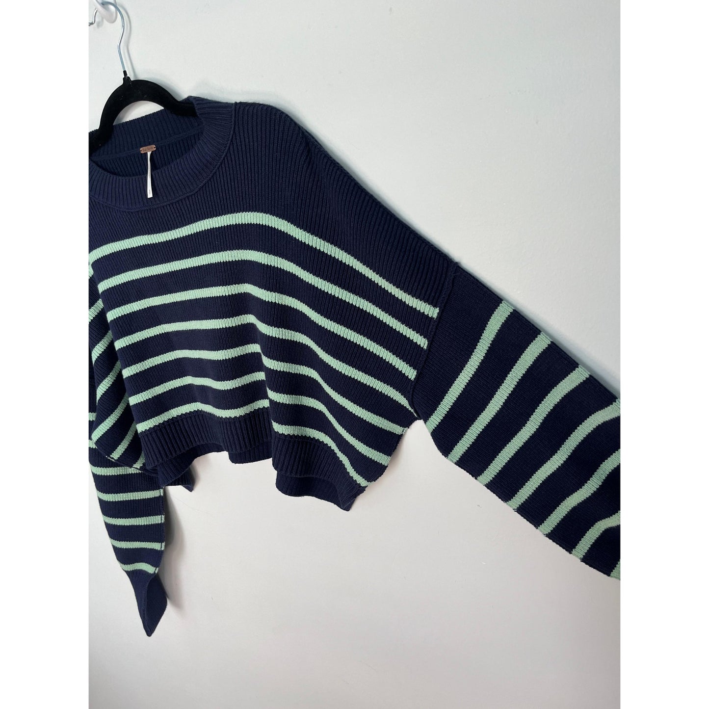 Free People Stripe Knit Cropped Sweater Women S Navy Green Pullover Boxy Fit