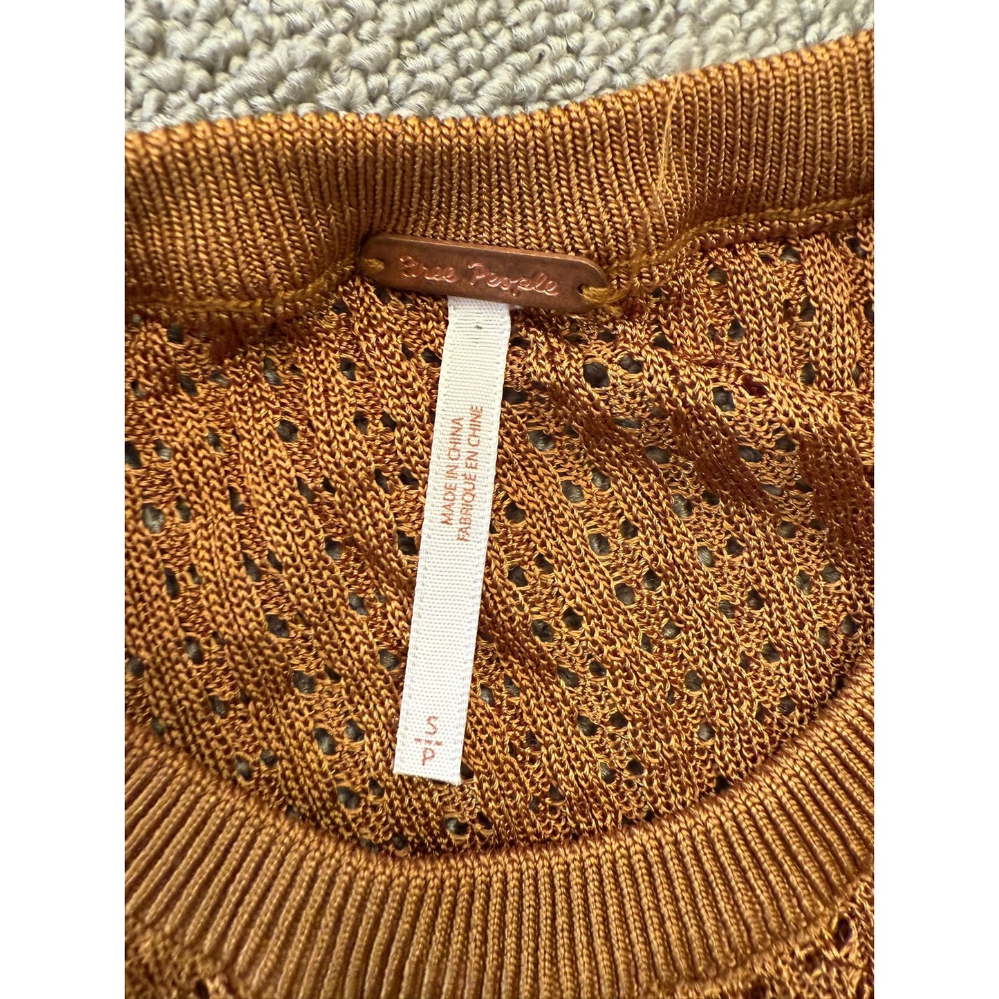 Free People Women's Small Petite Brown Orange Sweater Textured Knit Long Sleeve