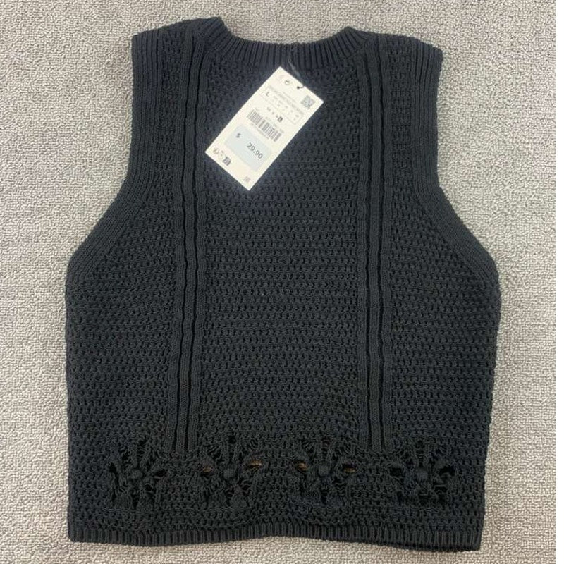 Zara Sweater Vest Women L Black Knit Crewneck Sleeveless Crochet Hem NWT