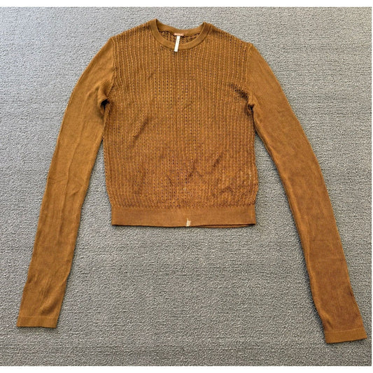 Free People Women's Small Petite Brown Orange Sweater Textured Knit Long Sleeve