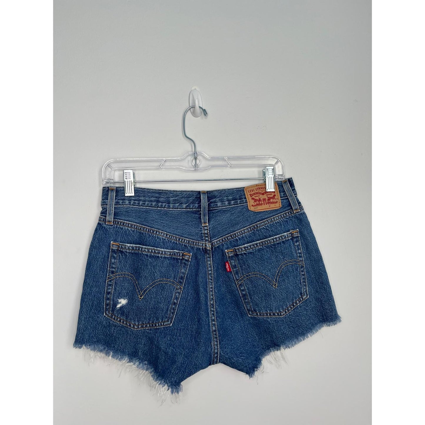 Levi's 501 Denim Shorts Women W28 Distressed High Rise Raw Hem Blue
