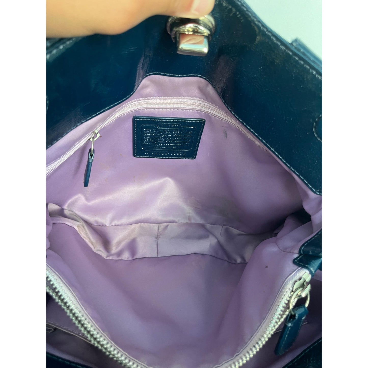 Coach Patent Leather Vintage Shoulder Bag Women Navy Pleated Turnlock Tote