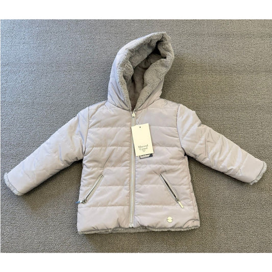 Mayoral Casual Girl Kids Size 2 Reversible Faux Fur Puffer Jacket Grey Pearl