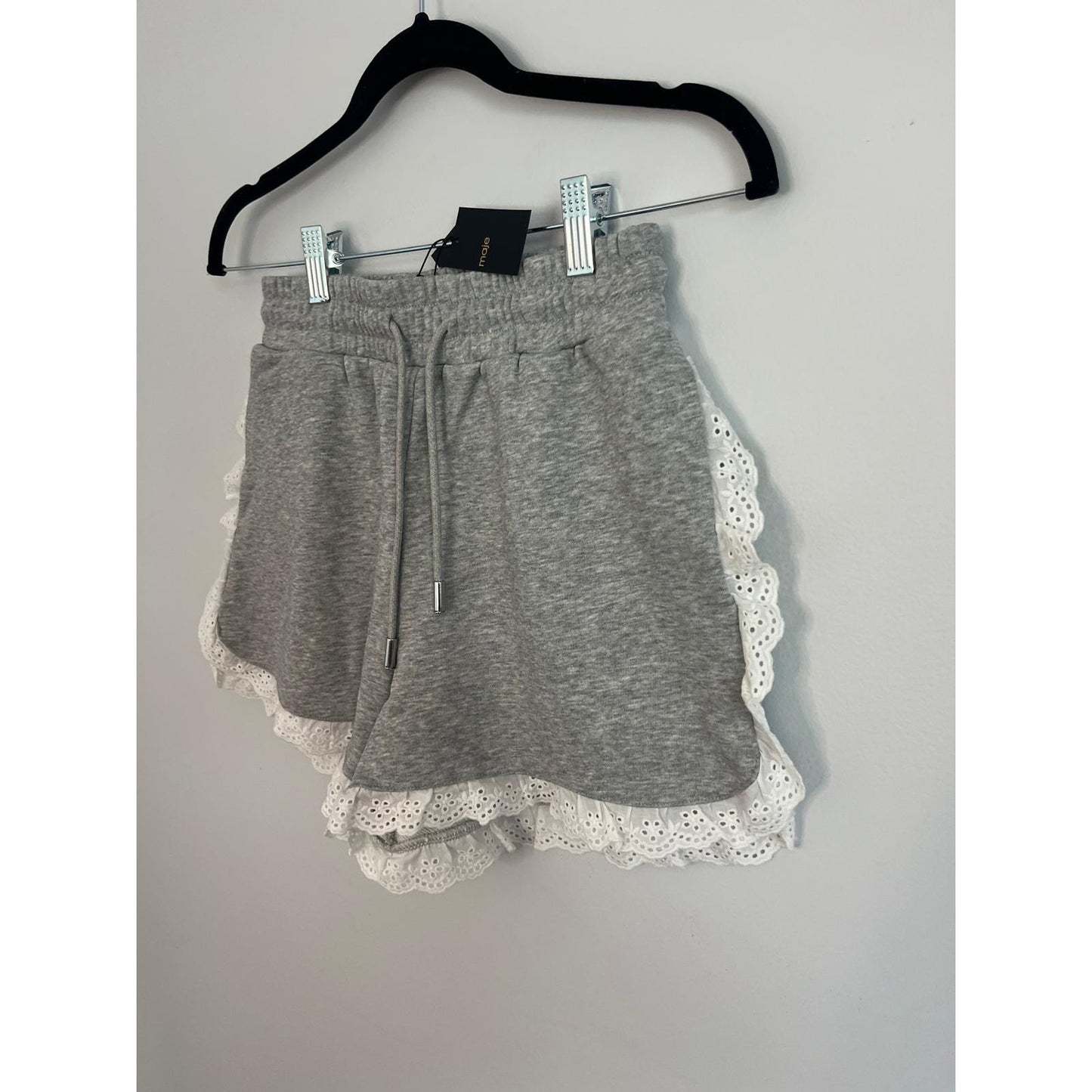 Maje Eyelet Trim Sweat Shorts Women 36 Gray White Ruffle Hem Lounge