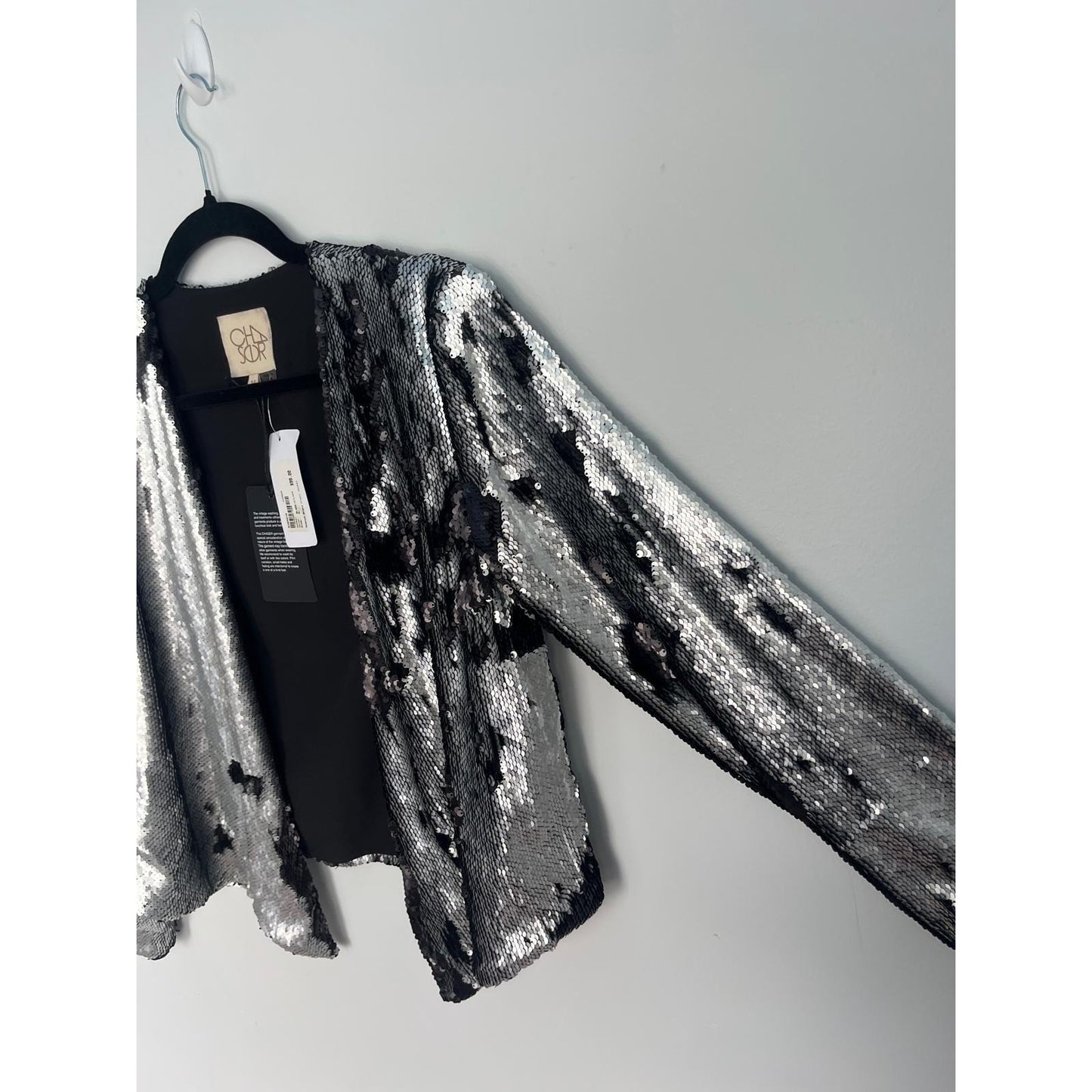 Chaser Sequin Jacket Women Medium Silver Black Open Front Party Blazer NWT
