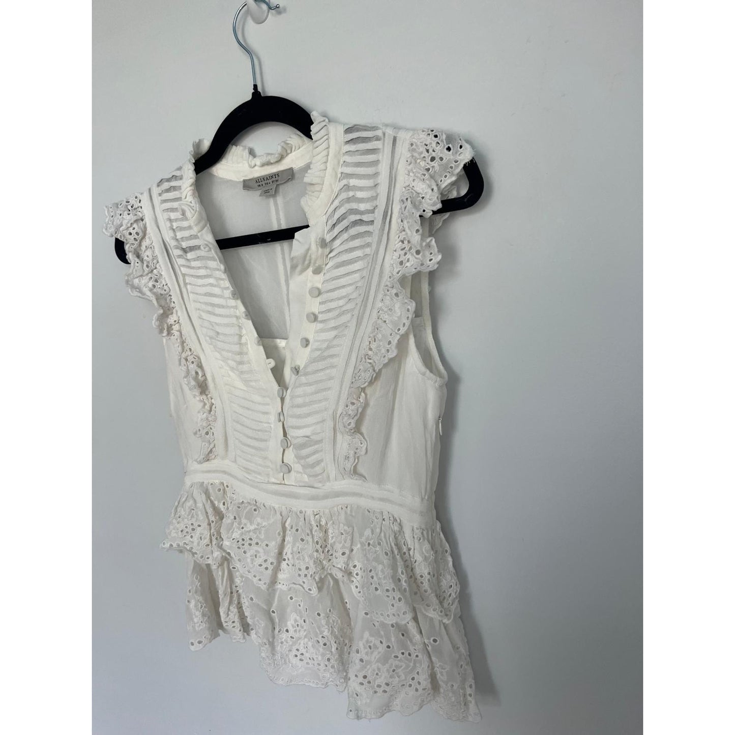 AllSaints Eyelet Ruffle Sleeveless Blouse Women 4 White Boho Peplum Top