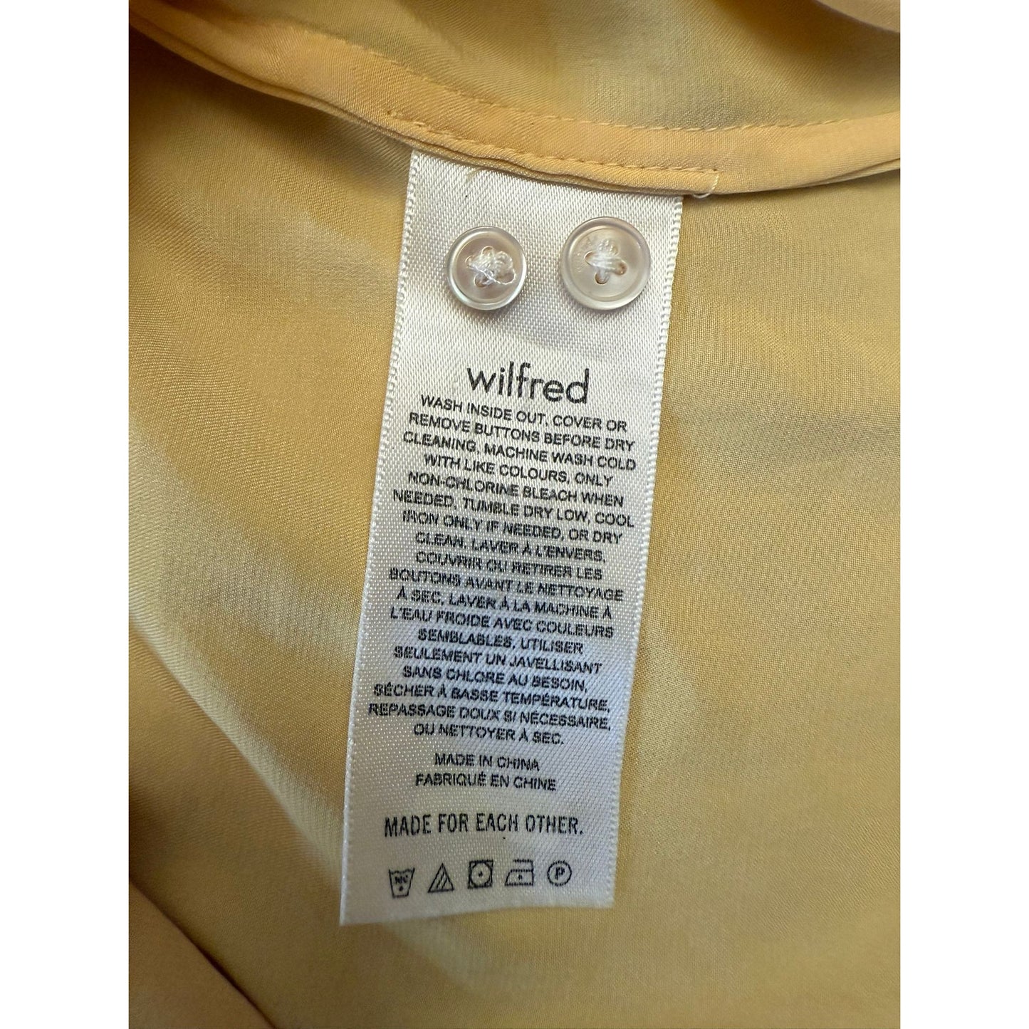 WILFRED Women's XL Yellow Tie-Front Satin Blouse with Long Sleeves and Button-Up Top