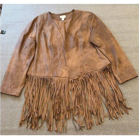 Chicos Womens Size 3 Faux Suede Fringe Jacket Brown Bohemian Style Cardigan