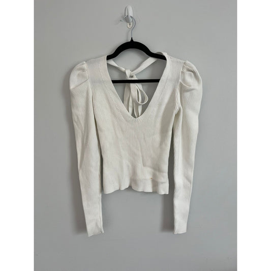 Ronny Kobo Top Women S White Ribbed Knit Puff Sleeve Tie Back Stretch V Neck