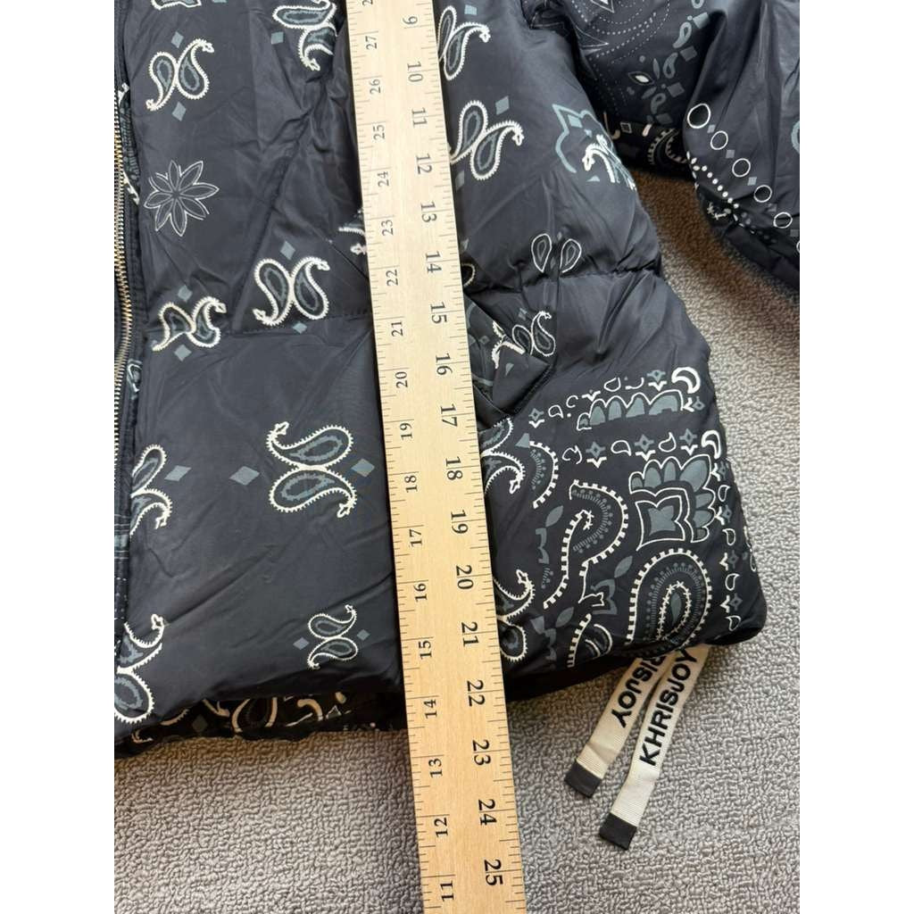 KHRISJOY Puffer Jacket Women 2(L) Black Down Hooded Bandana Print Italy Madede