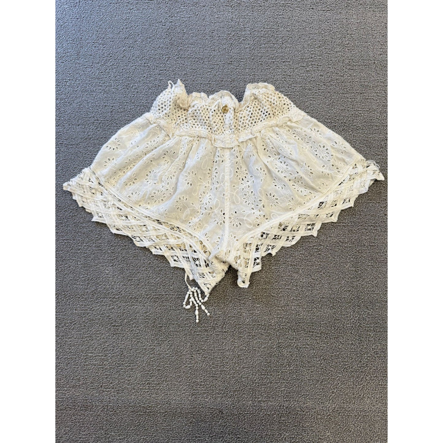 Boho Crochet Lace Eyelet Shorts  Women XS White Summer Beachwear